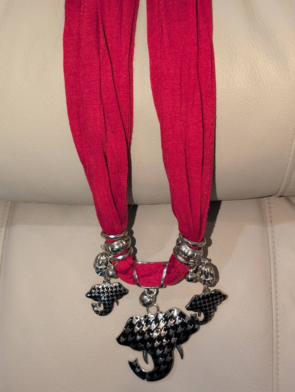Red Scarf With Silver Tone Elephant And Beads. Roll Tide